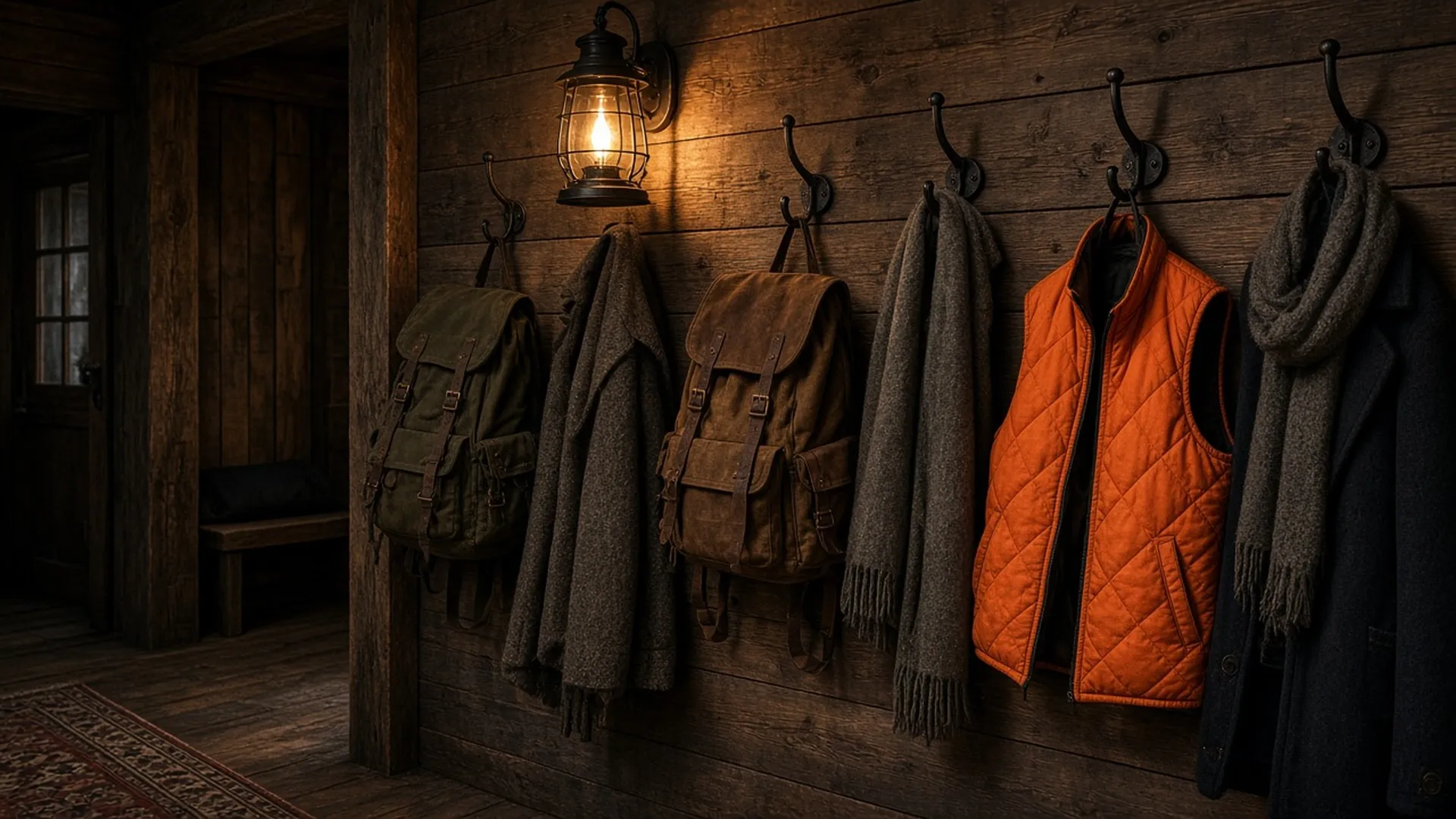 A long rustic cabin mudroom wall with neatly hung unbranded packs