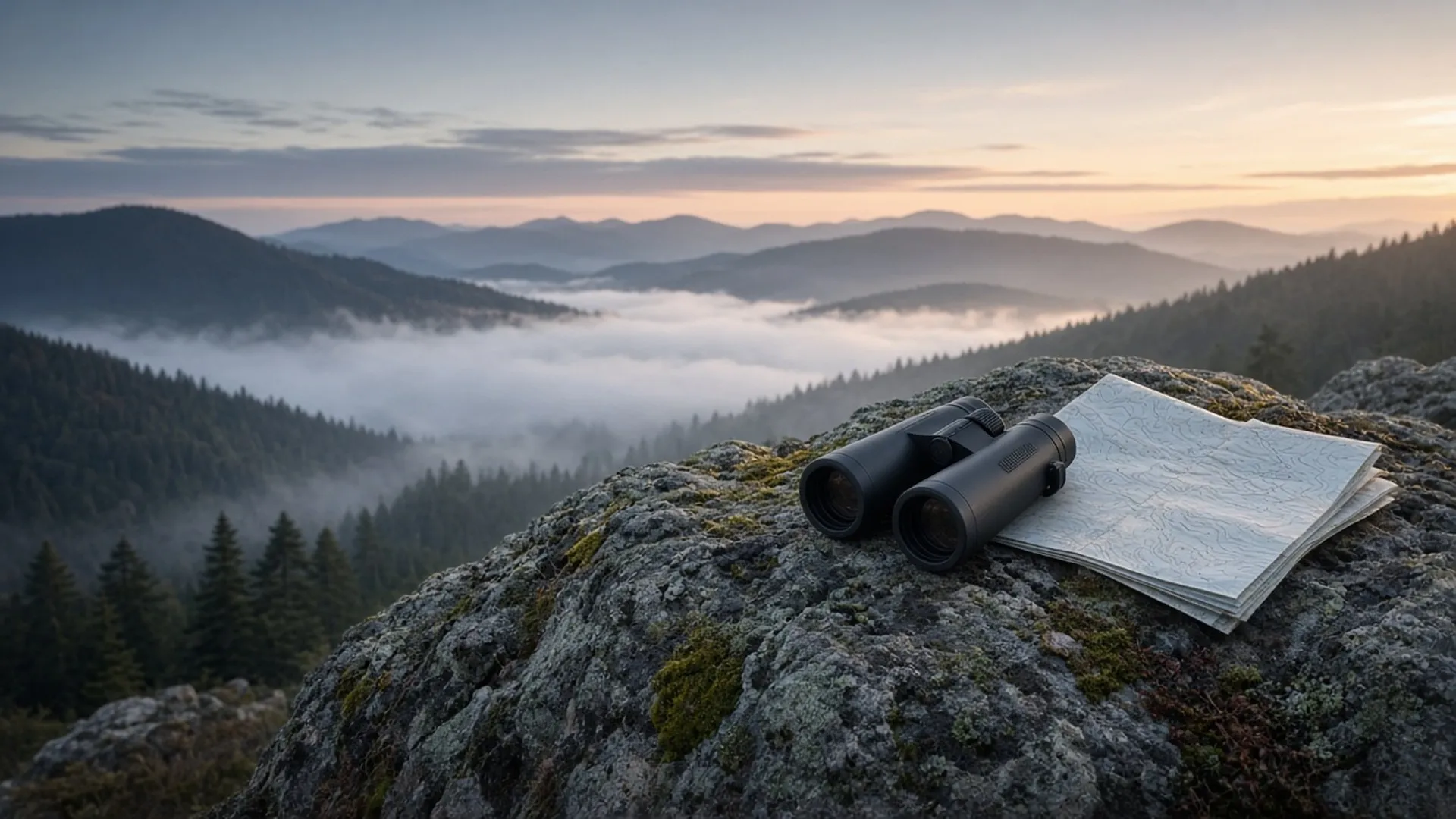 Unbranded binoculars and a folded paper topographic map with no readable text resting on a lichen-covered granite boulder above a valley at dawn