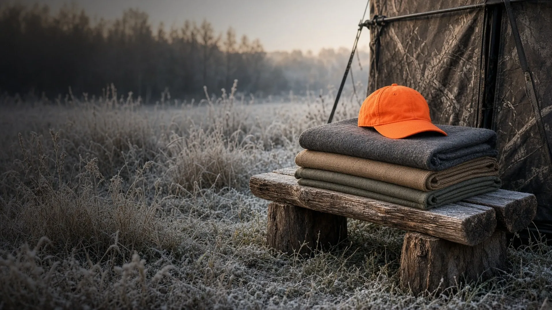 A neatly folded stack of wool and canvas layers topped with a blaze orange cap on a split-log bench beside a fabric ground blind at the edge of a frosty meadow