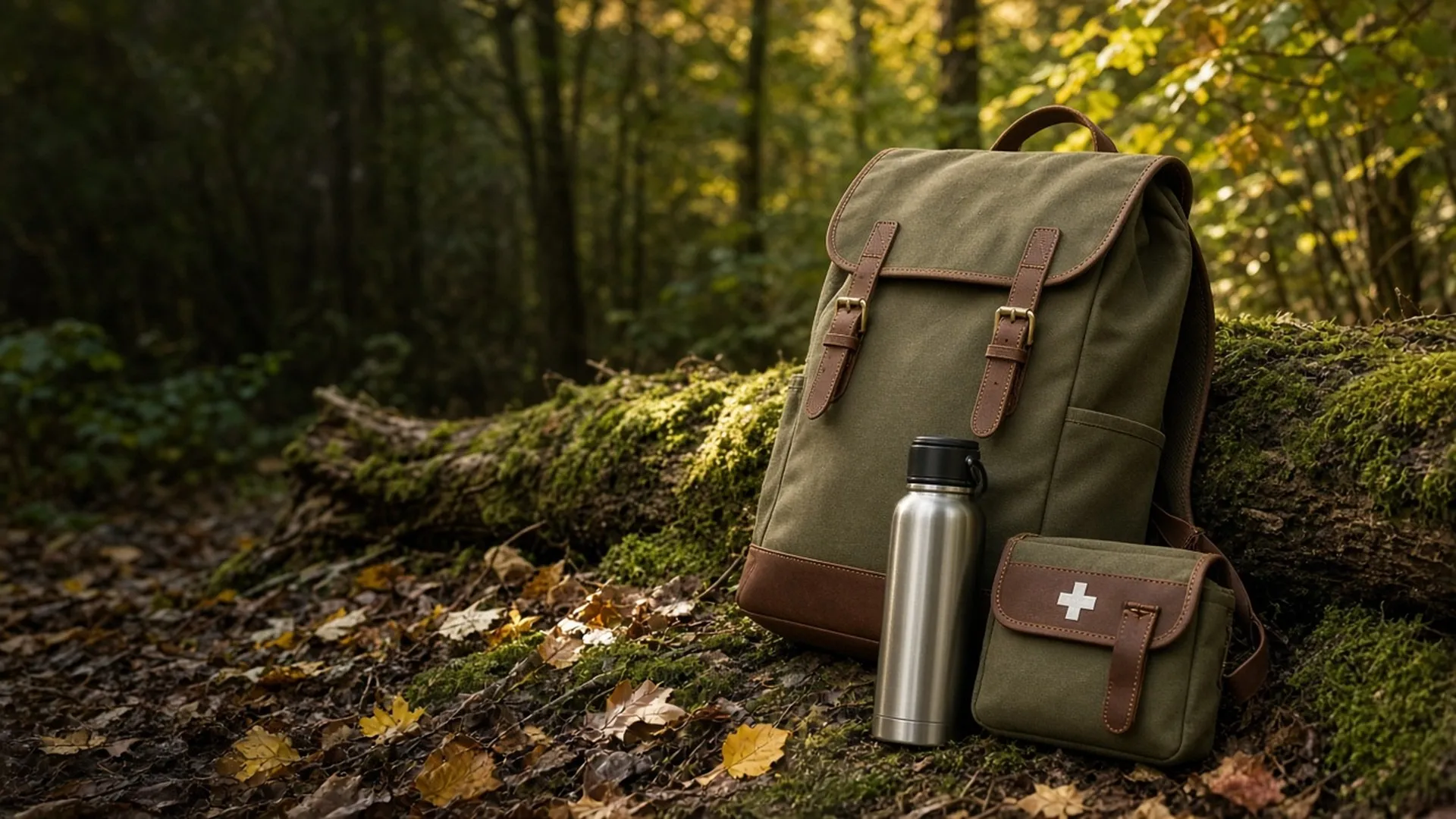 An unbranded canvas and leather daypack leaning against a mossy fallen log in an autumn forest