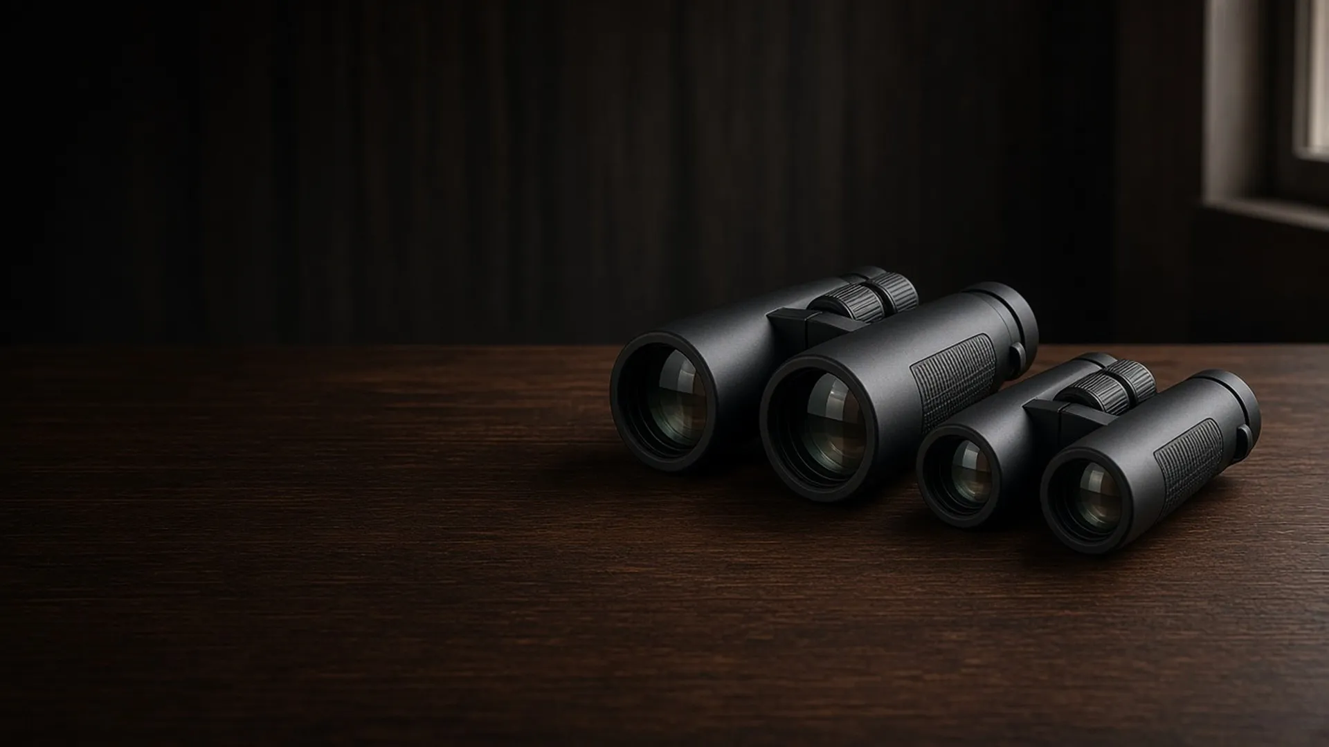 Two pairs of unbranded binoculars of different sizes side by side on dark walnut with soft window light catching the objective lenses