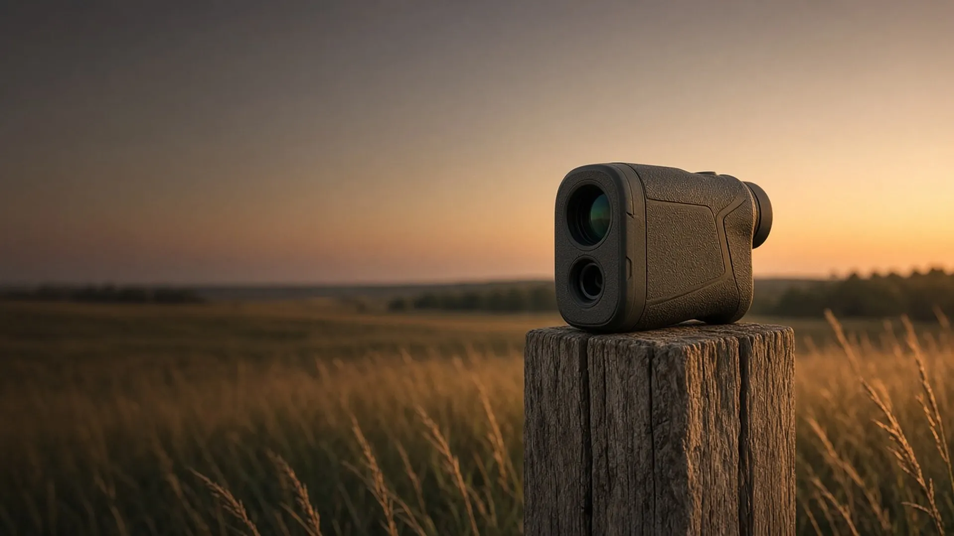 A compact unbranded rangefinder on a weathered fence post at the edge of a golden prairie at dusk