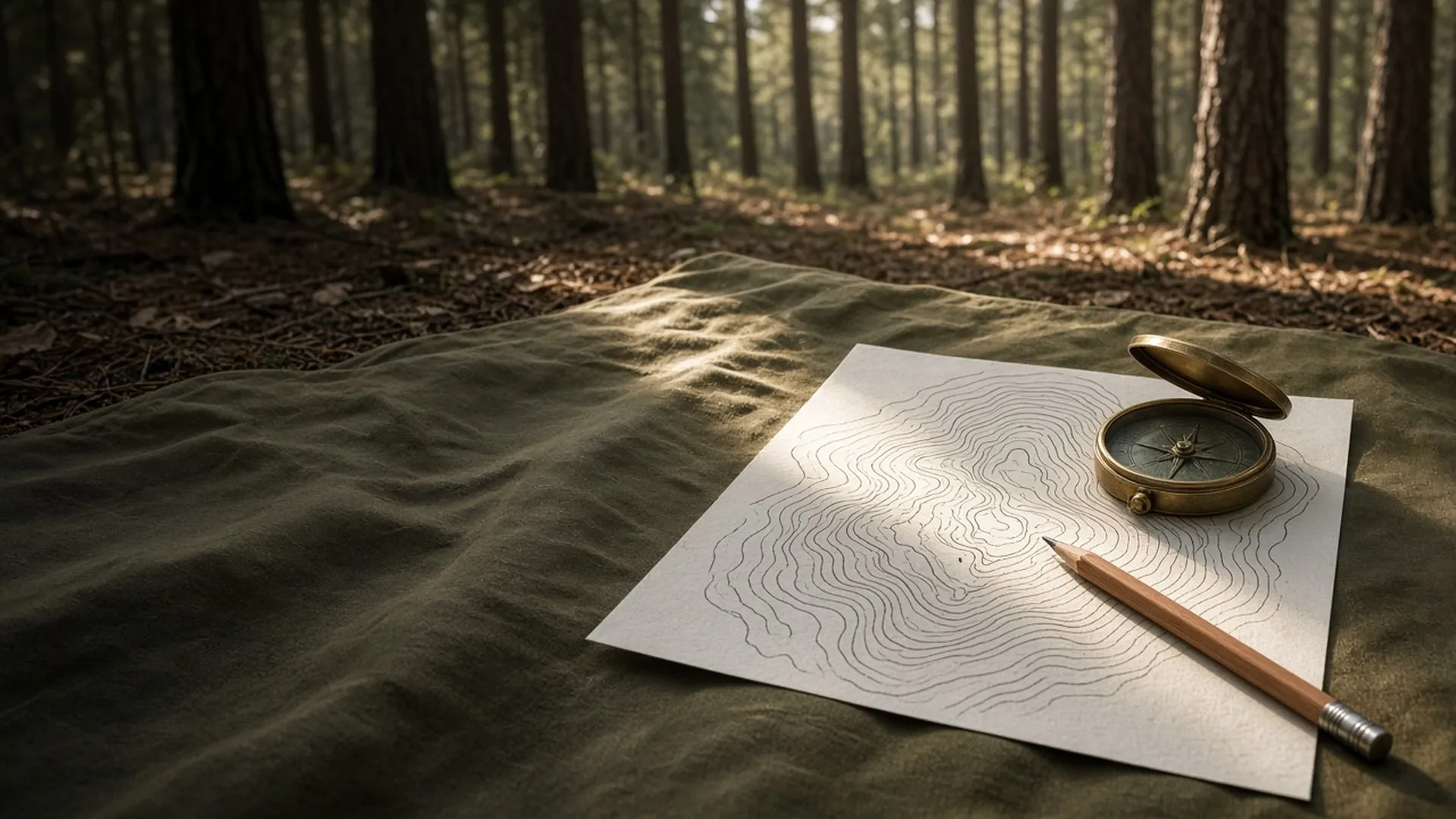 A brass compass on a paper topographic map with blank