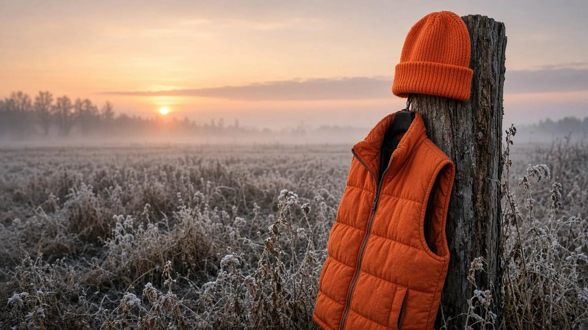 A blaze orange knit cap and vest hung on a weathered wooden fence post in a frosty field at dawn