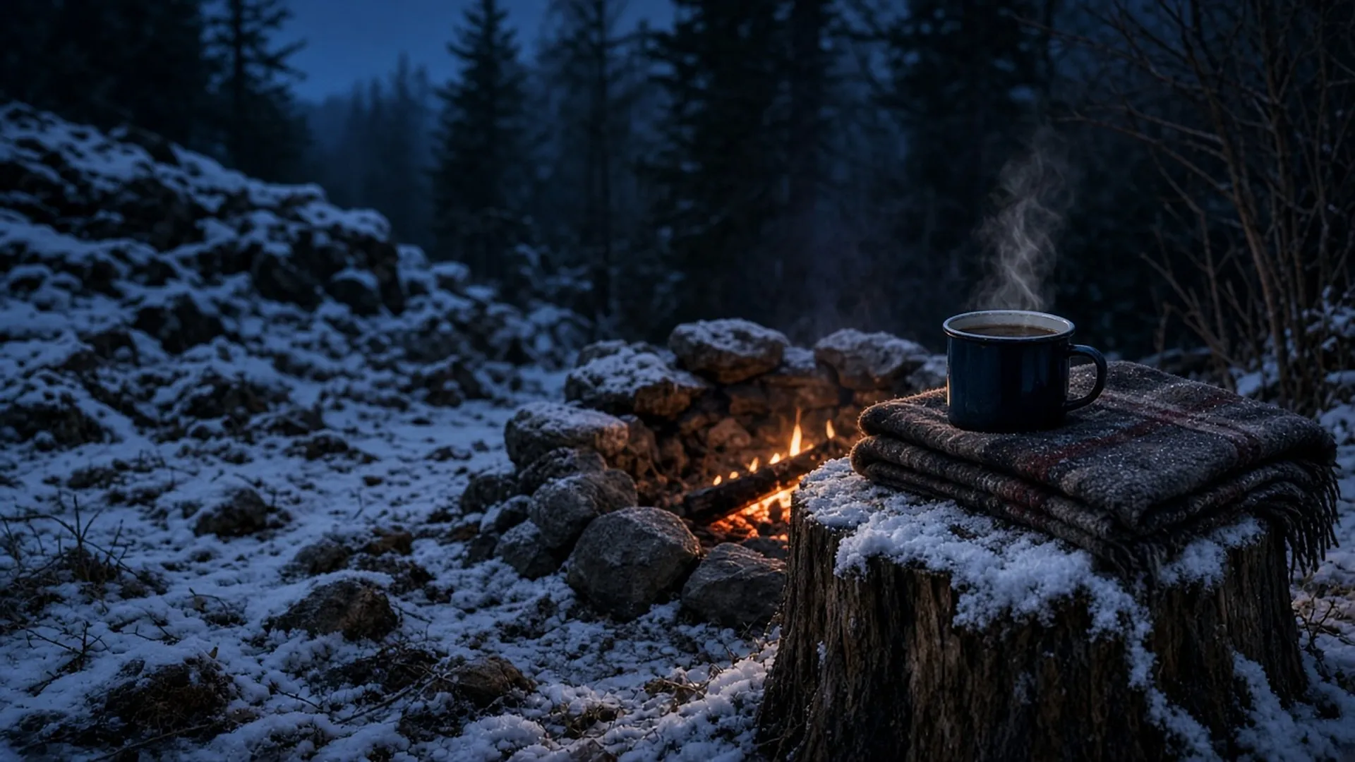 A steaming enamel mug and folded wool blanket on a snowy stump near a small sheltered campfire ring