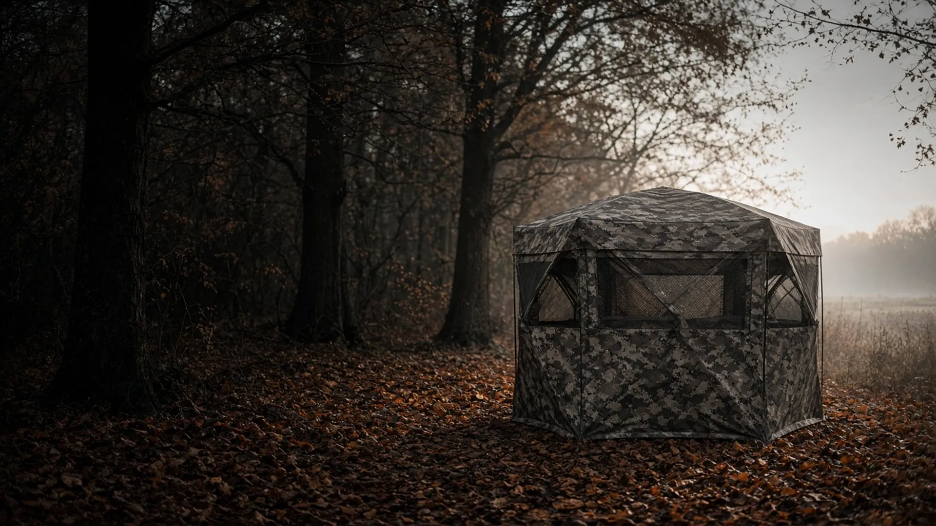 A dark fabric ground blind tucked into the edge of a hardwood treeline beside a quiet meadow