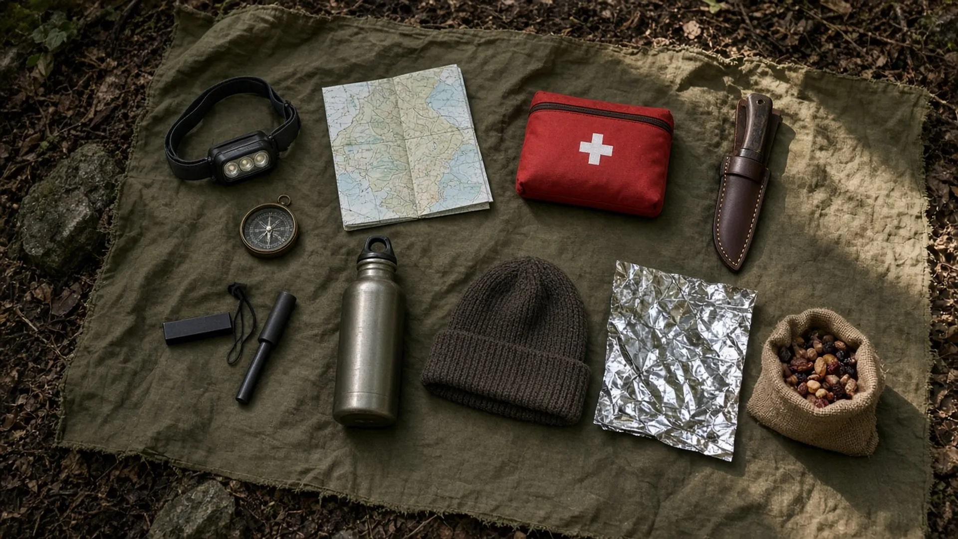 A flat-lay of ten essentials on a canvas tarp in the woods