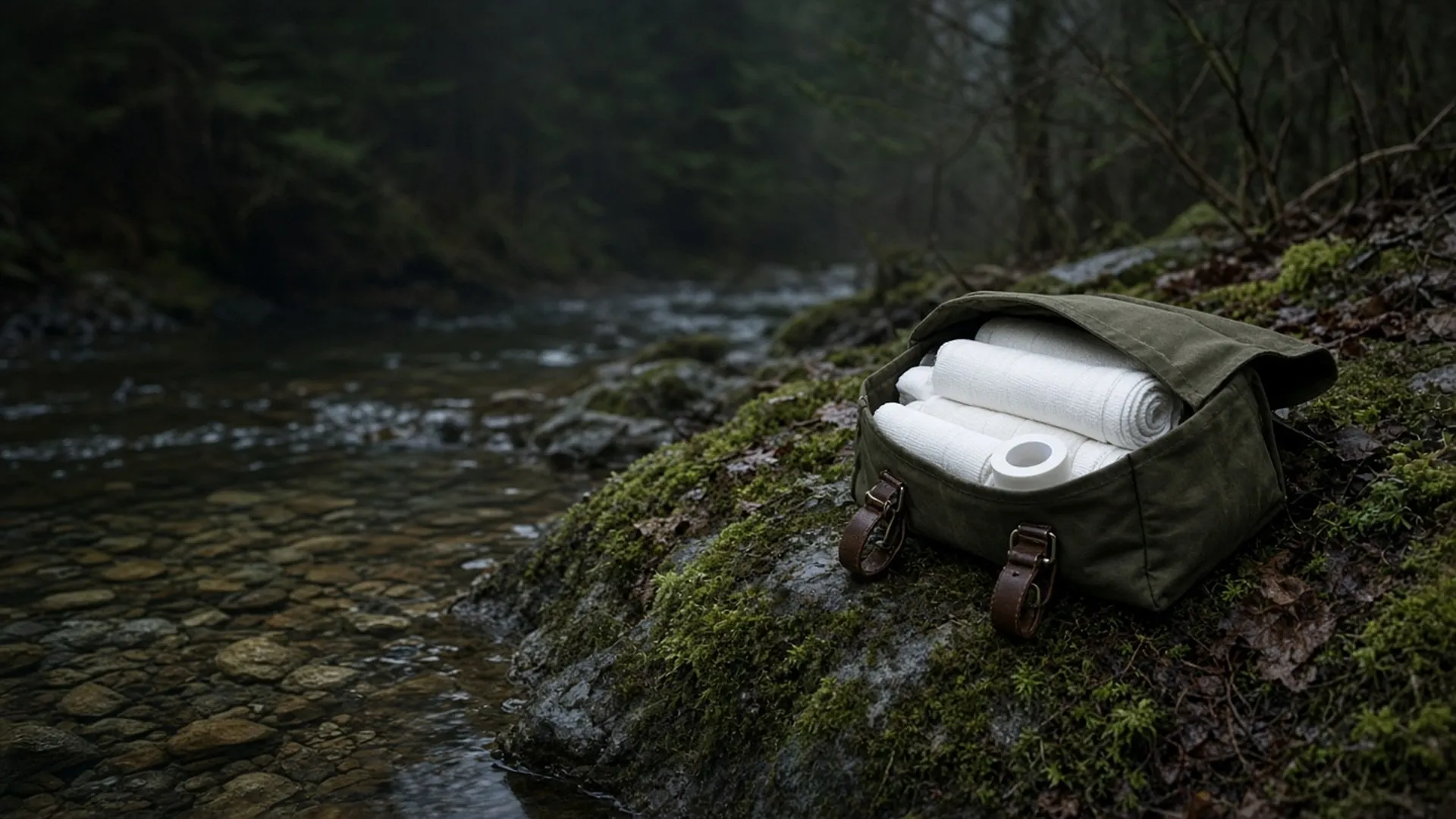 An open unbranded waxed canvas first aid pouch with rolled bandages and gauze on a mossy rock beside a stream