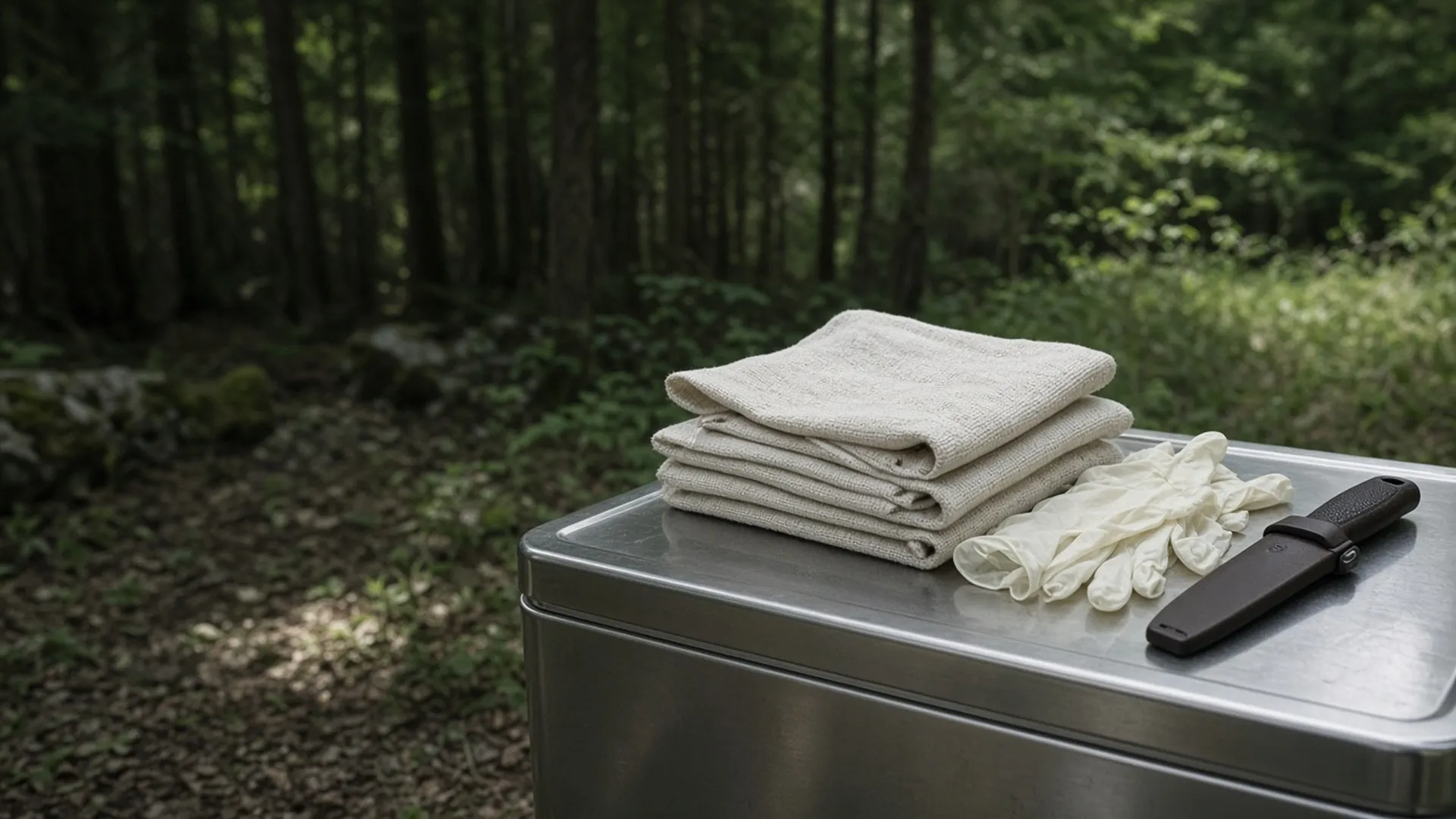 Clean breathable cloth game bags folded on a stainless cooler lid beside a pair of disposable gloves and a sheathed knife