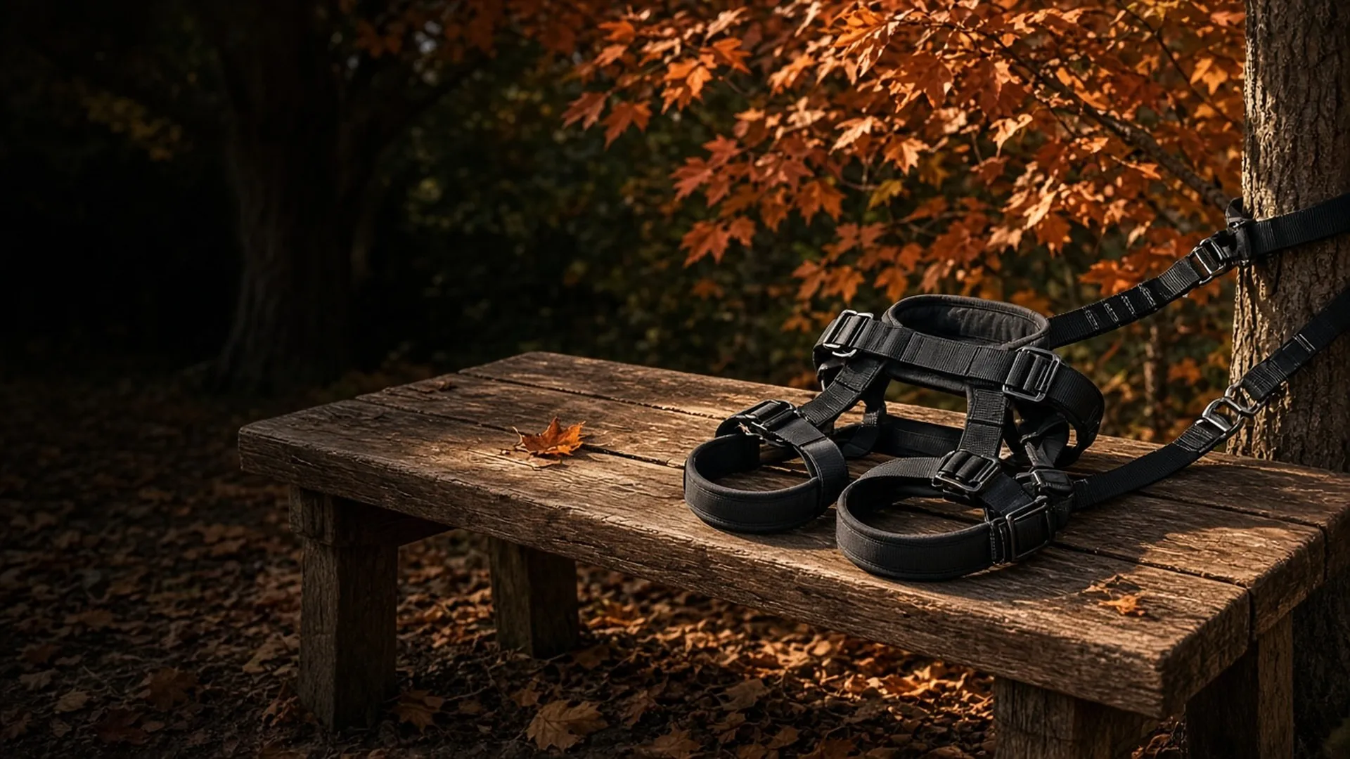 A full-body tree stand harness with tether and tree strap laid neatly on a cedar bench under autumn trees