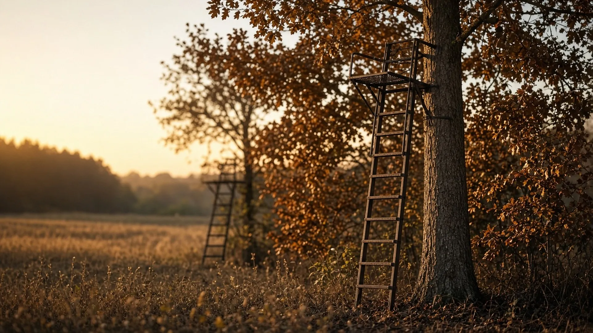 An empty ladder stand against a straight oak at the edge of a field in autumn
