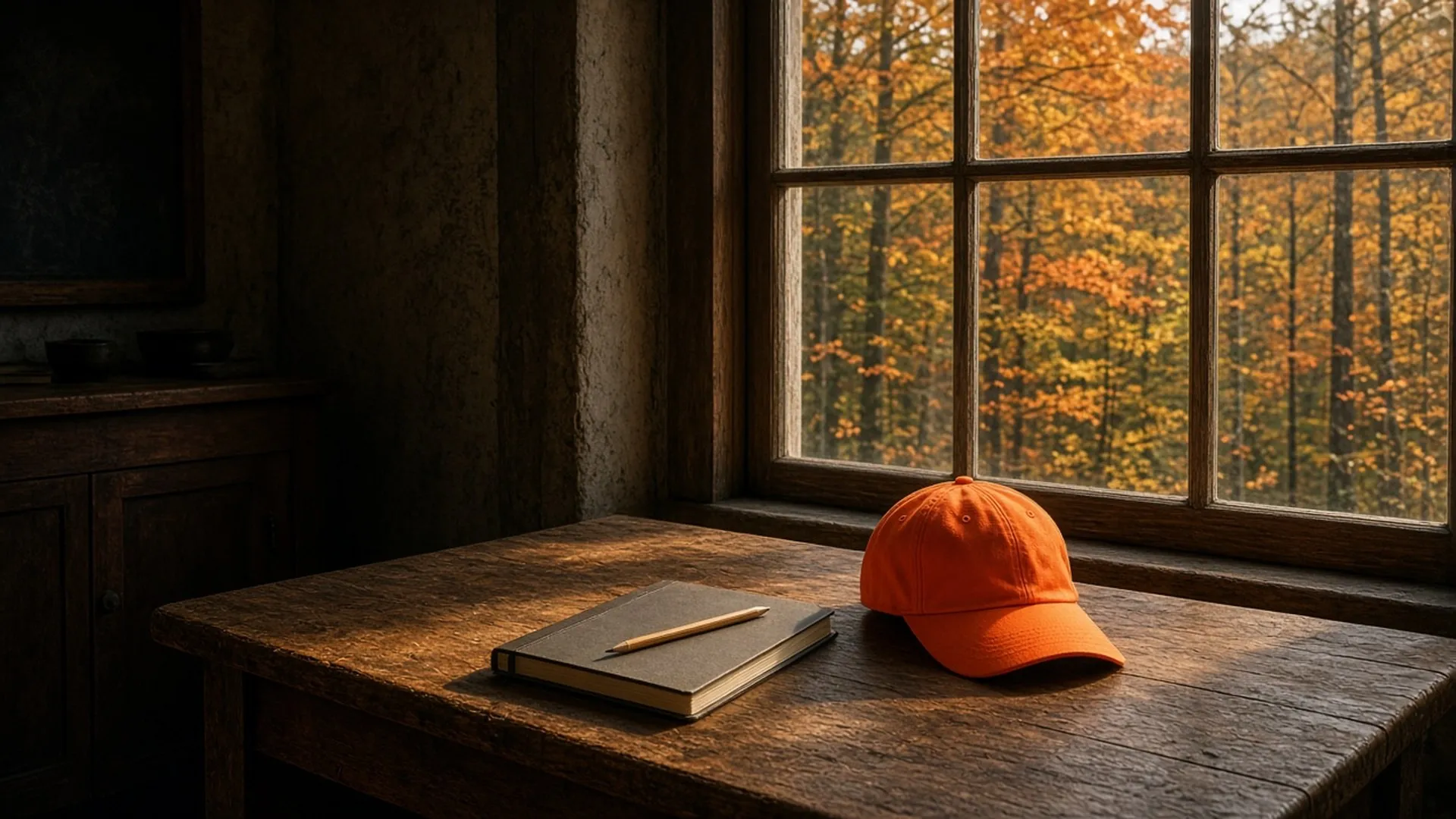 A quiet rustic classroom table by a window with a closed notebook