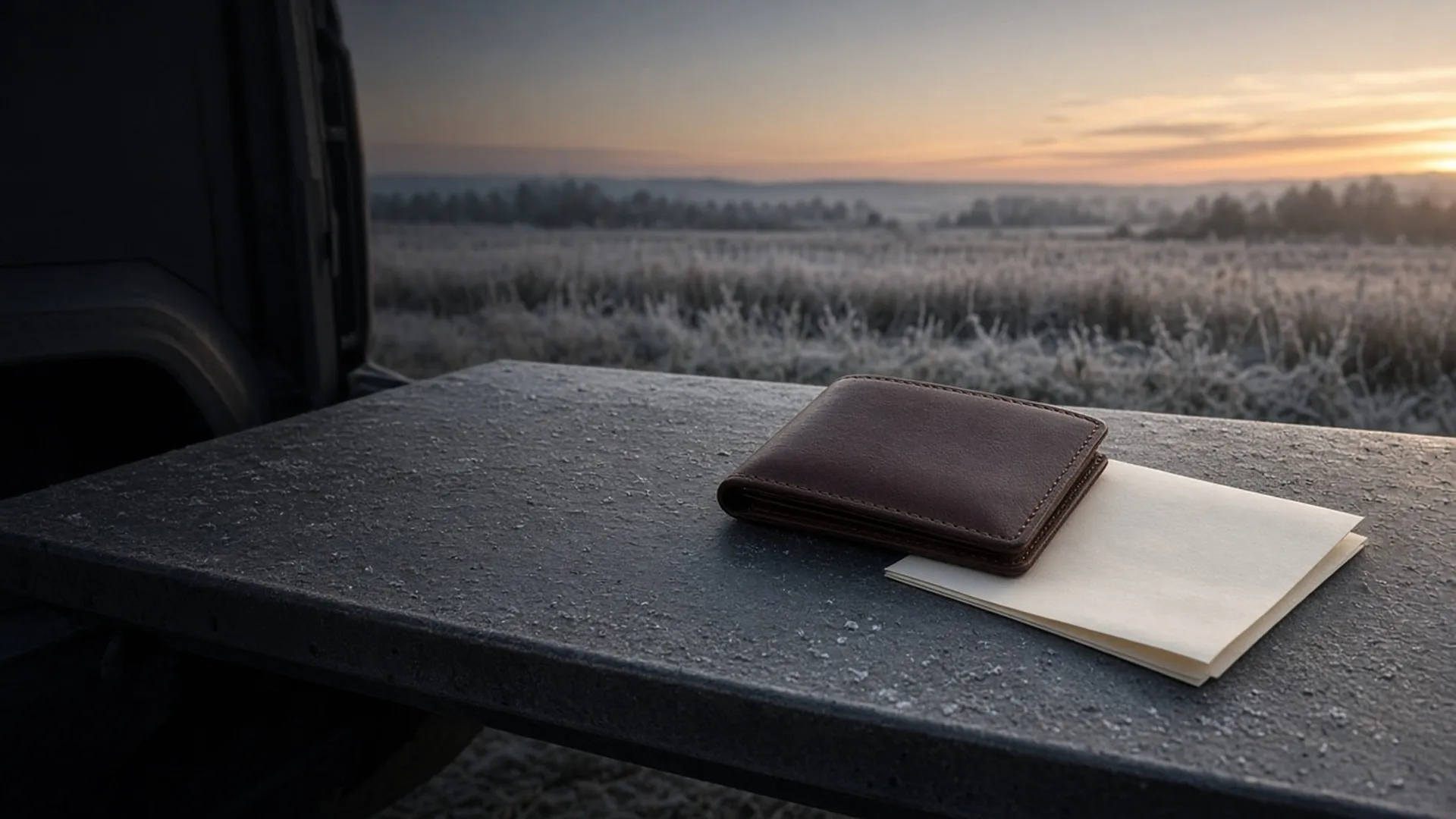 A leather wallet and a folded blank paper document with no readable text on a truck tailgate at dawn