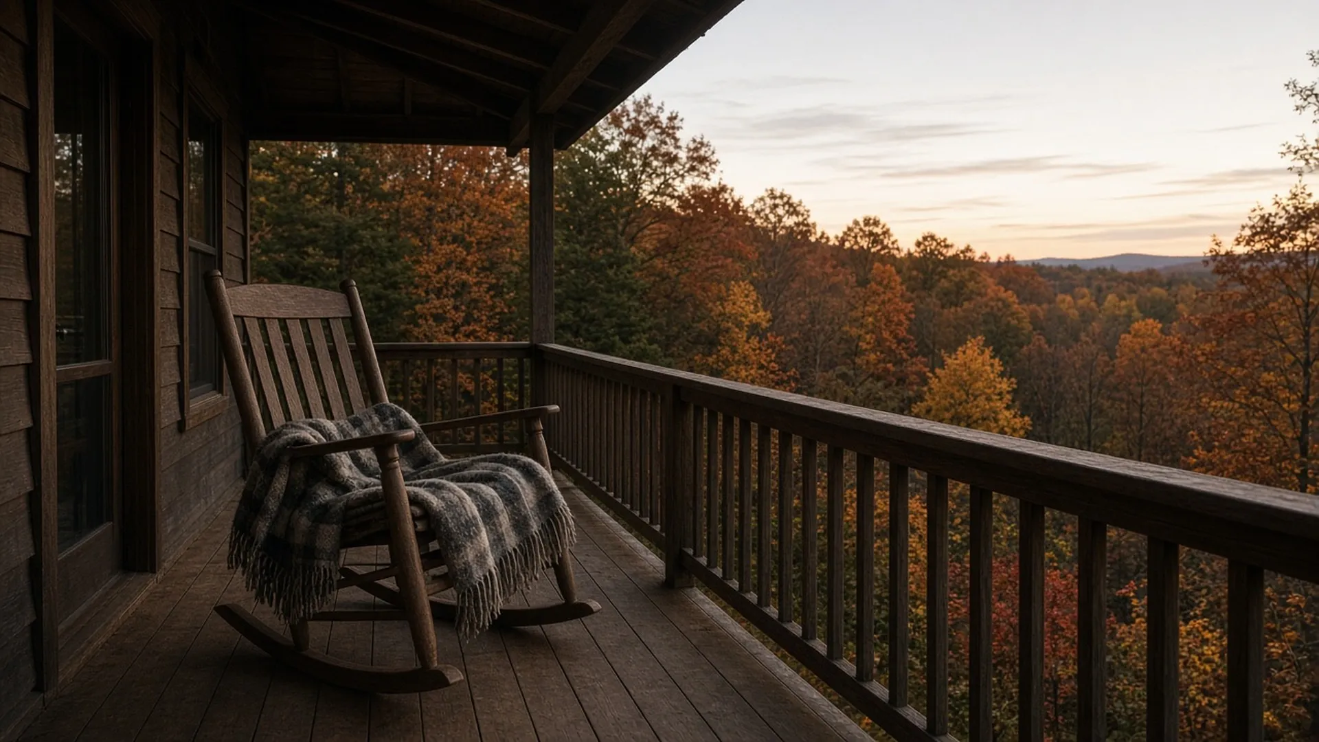 A wooden rocking chair on a cabin porch facing an autumn forest