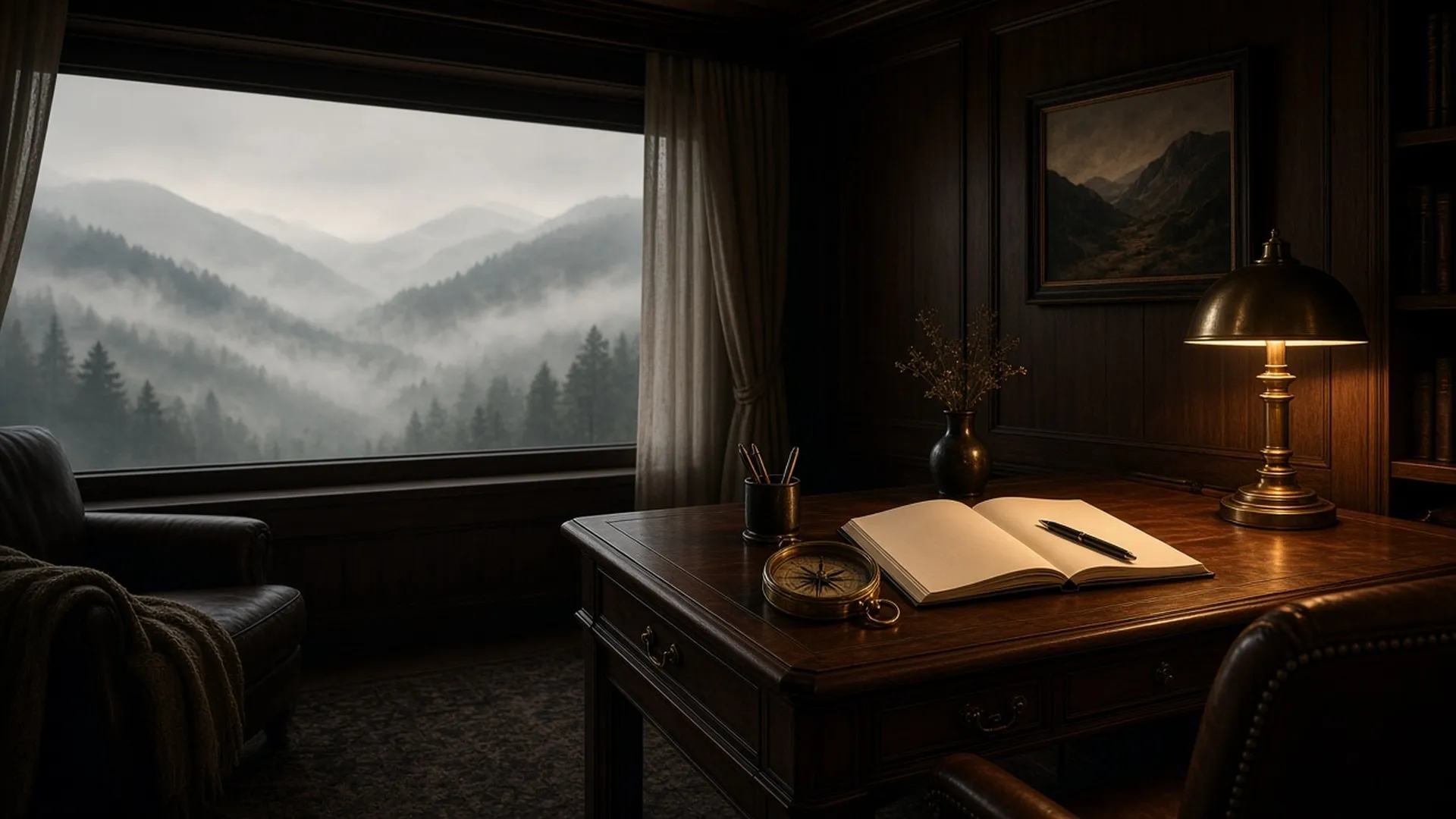 A writing desk in a timber cabin with an open notebook