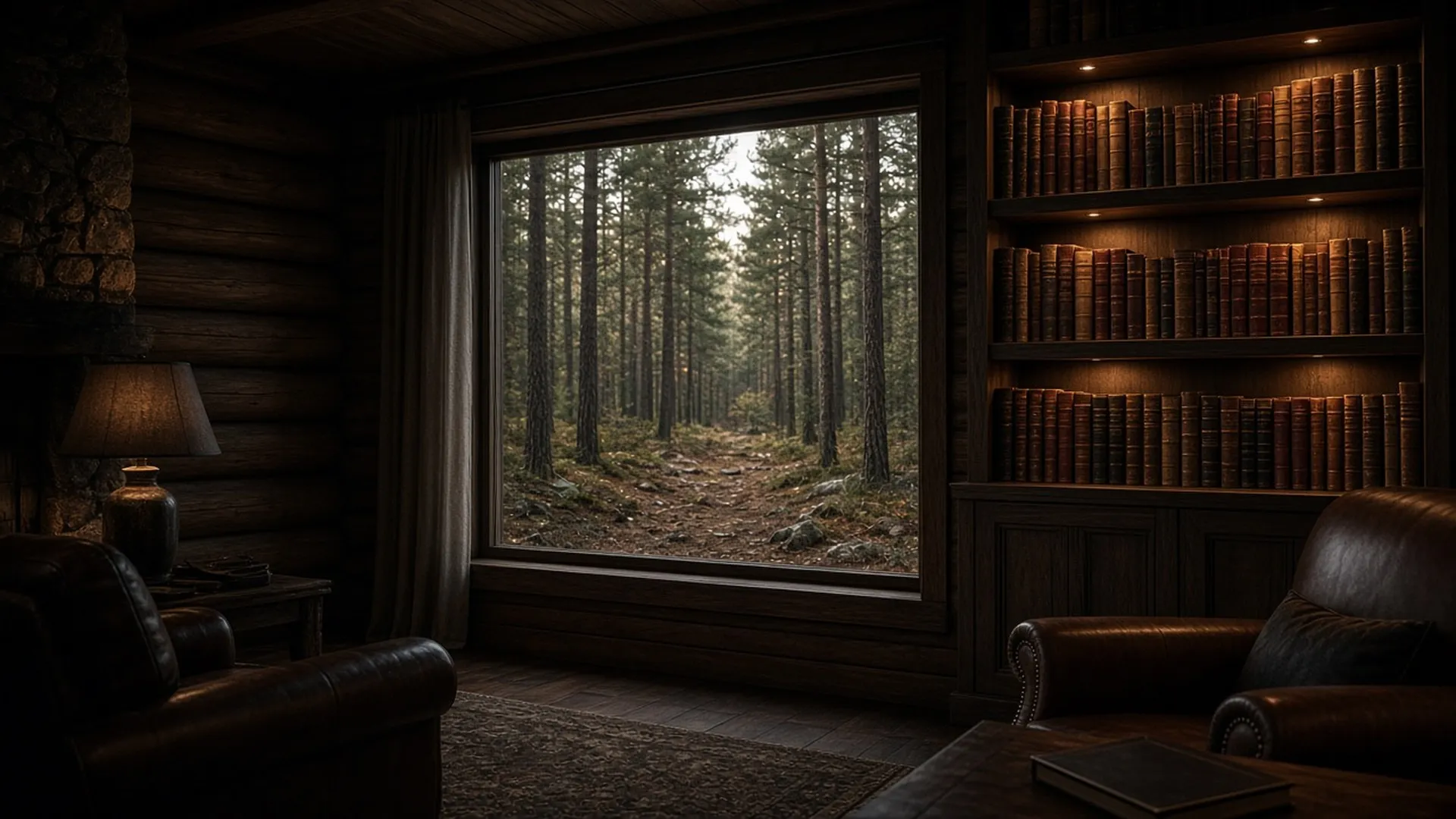 A cabin bookshelf of leather-bound books with no readable spines beside a window onto pines