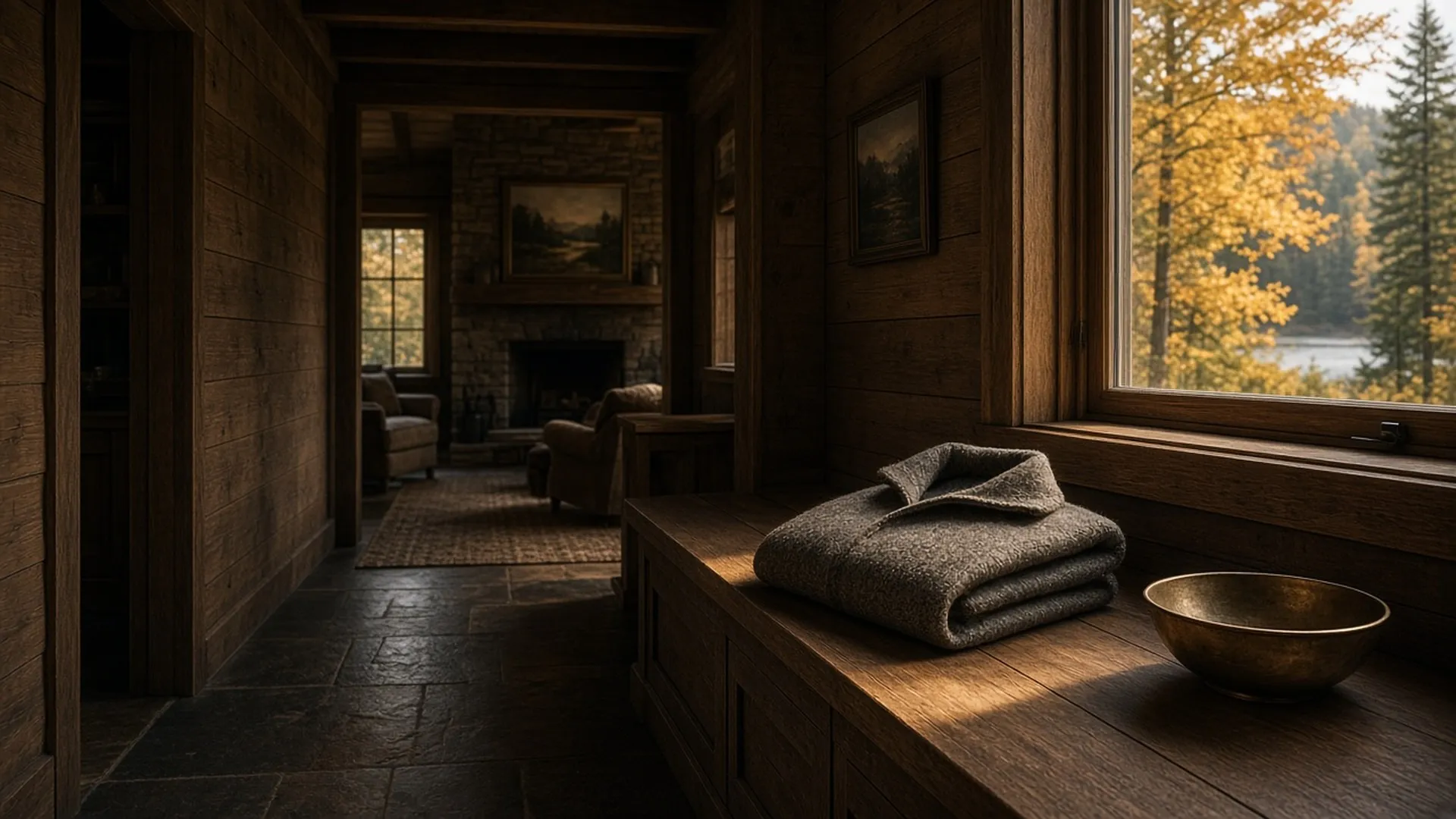 A cabin entry bench with a neatly folded wool jacket and a brass bowl