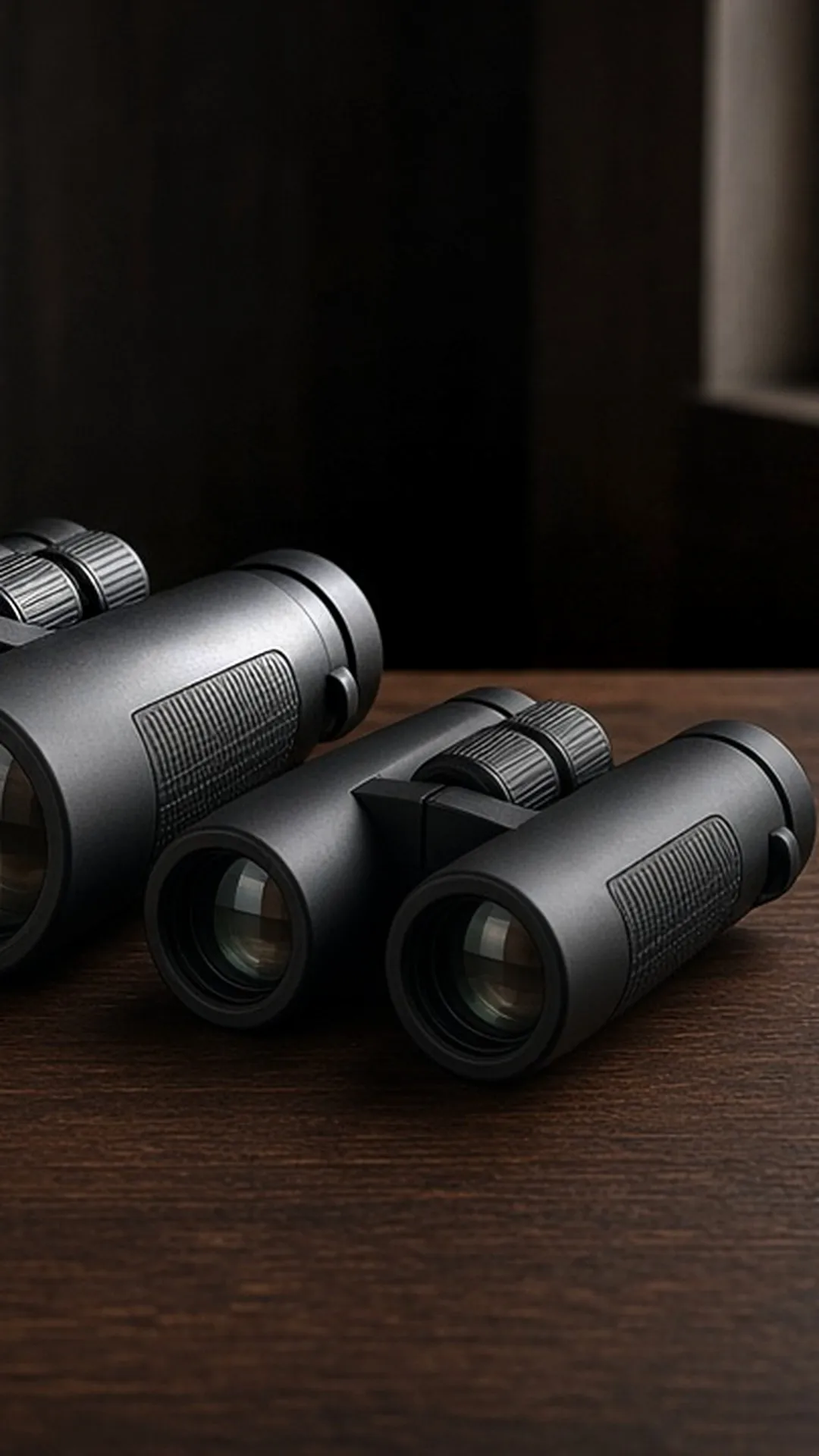 Two pairs of unbranded binoculars of different sizes side by side on dark walnut with soft window light catching the objective lenses