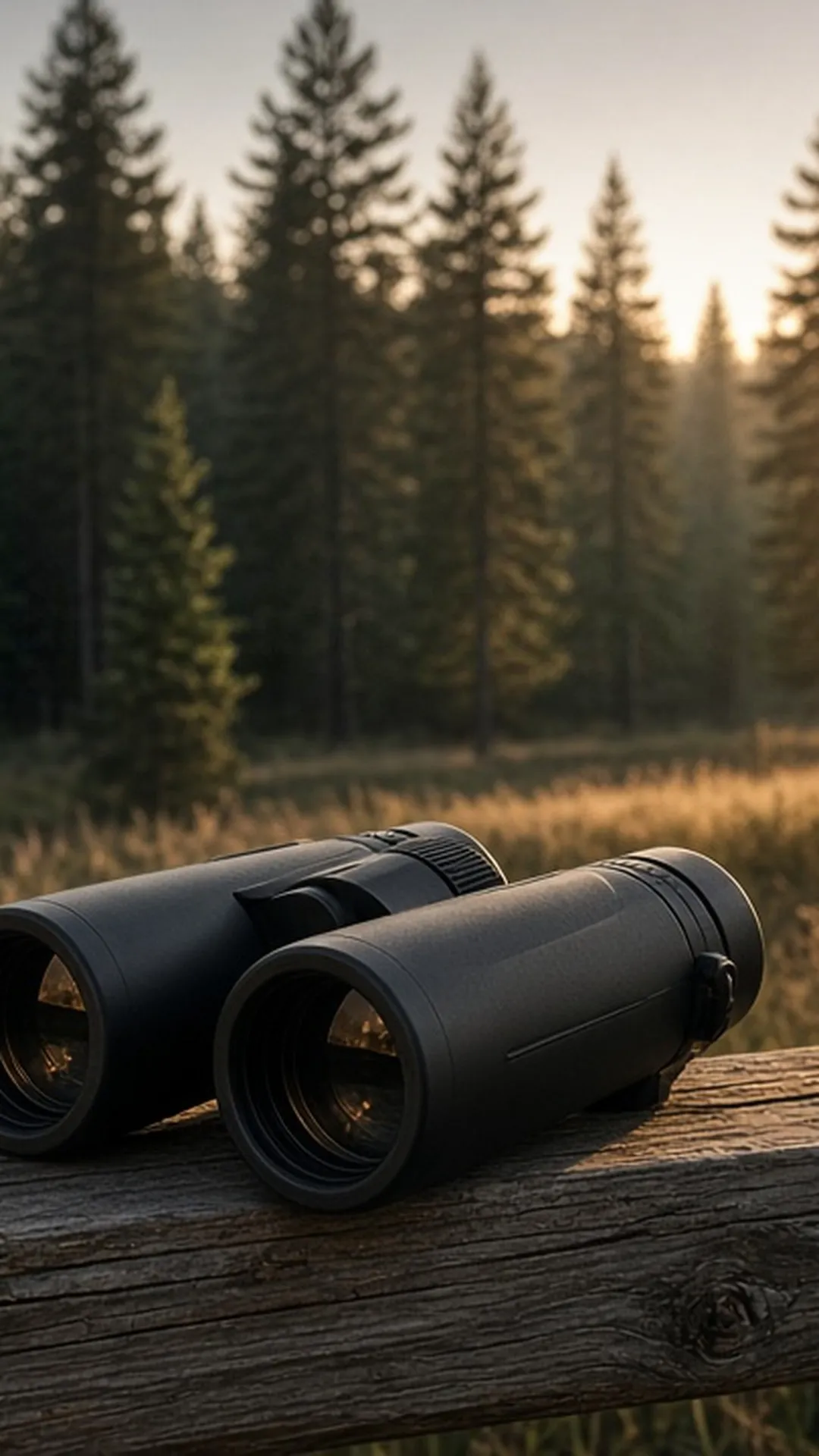 Unbranded binoculars resting on a folded wool jacket on a rocky overlook above a vast misty valley at sunrise