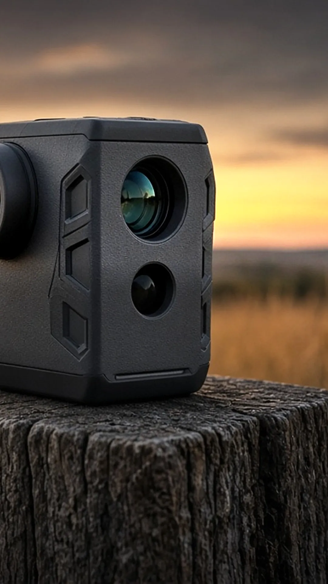 A compact unbranded rangefinder on a weathered fence post at the edge of a golden prairie at dusk