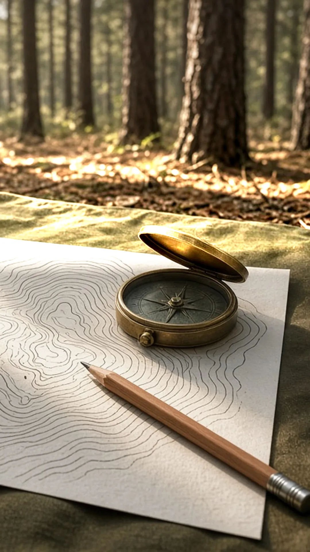 A brass compass on a paper topographic map with blank