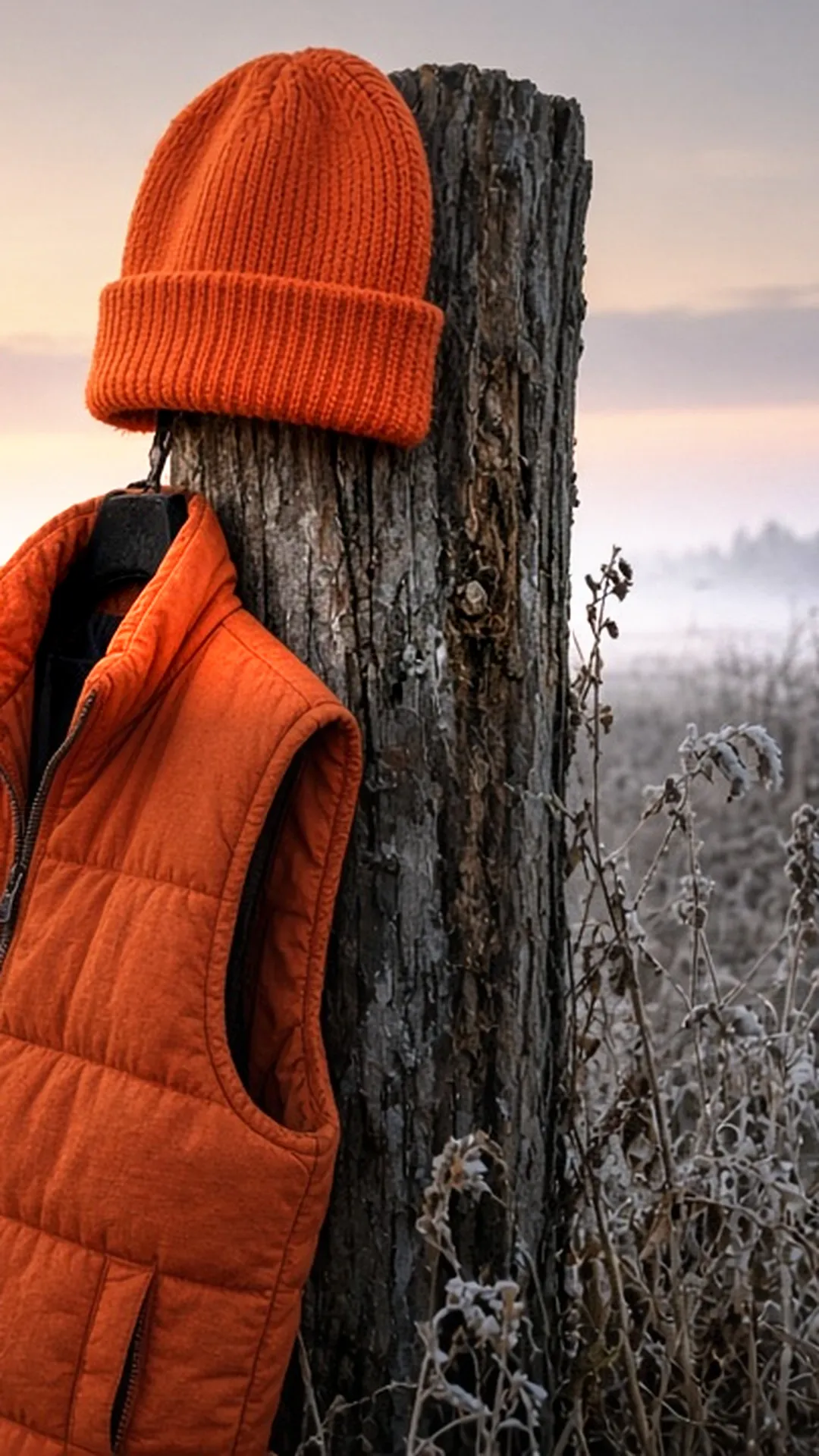 A blaze orange knit cap and vest hung on a weathered wooden fence post in a frosty field at dawn