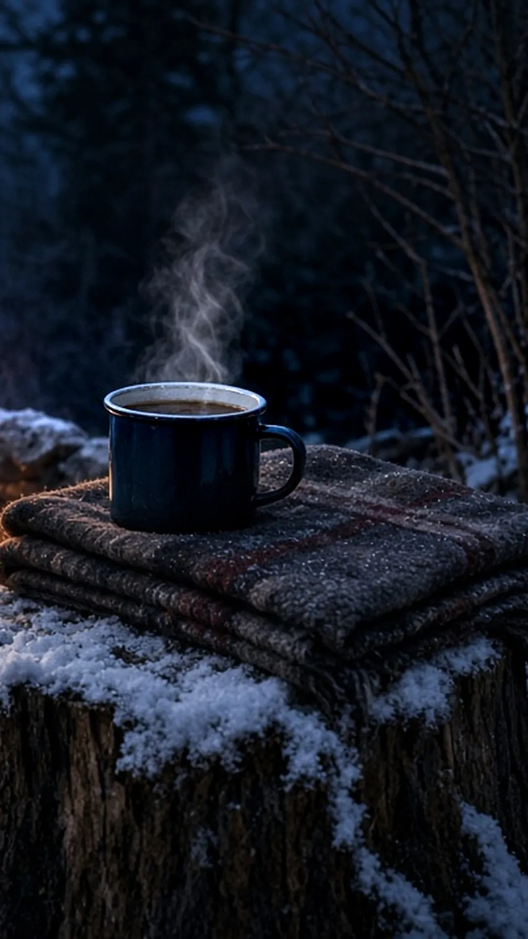 A steaming enamel mug and folded wool blanket on a snowy stump near a small sheltered campfire ring