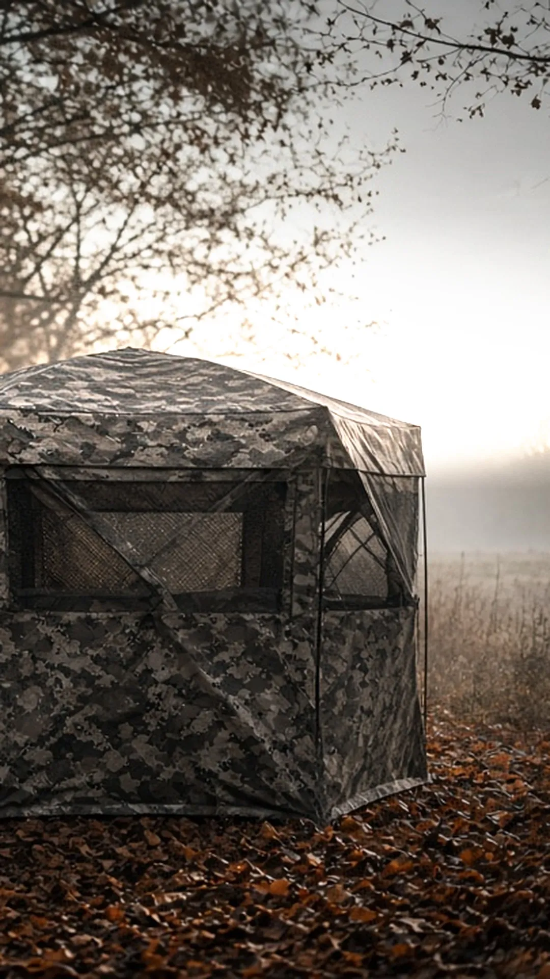 A dark fabric ground blind tucked into the edge of a hardwood treeline beside a quiet meadow