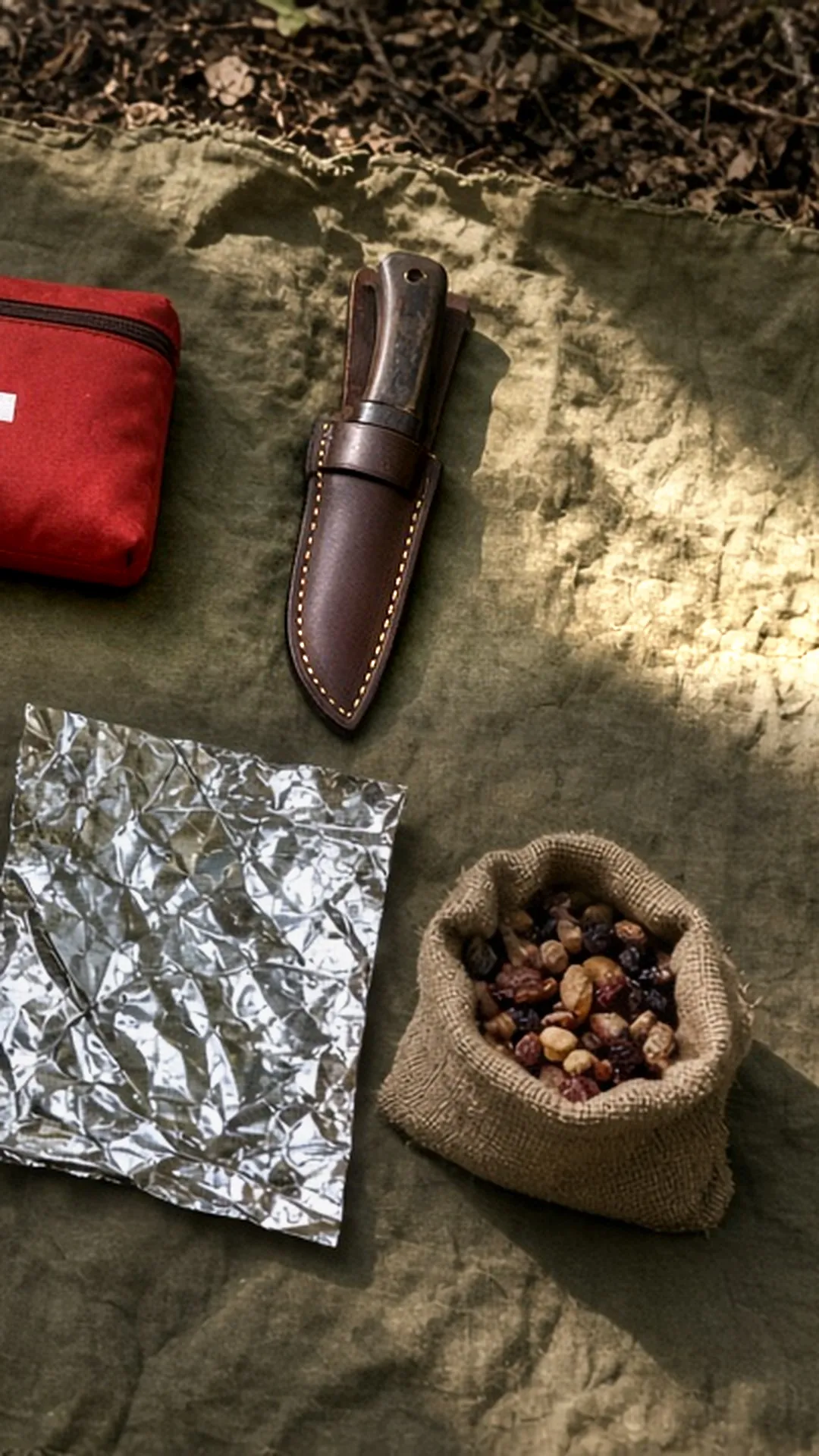 A flat-lay of ten essentials on a canvas tarp in the woods