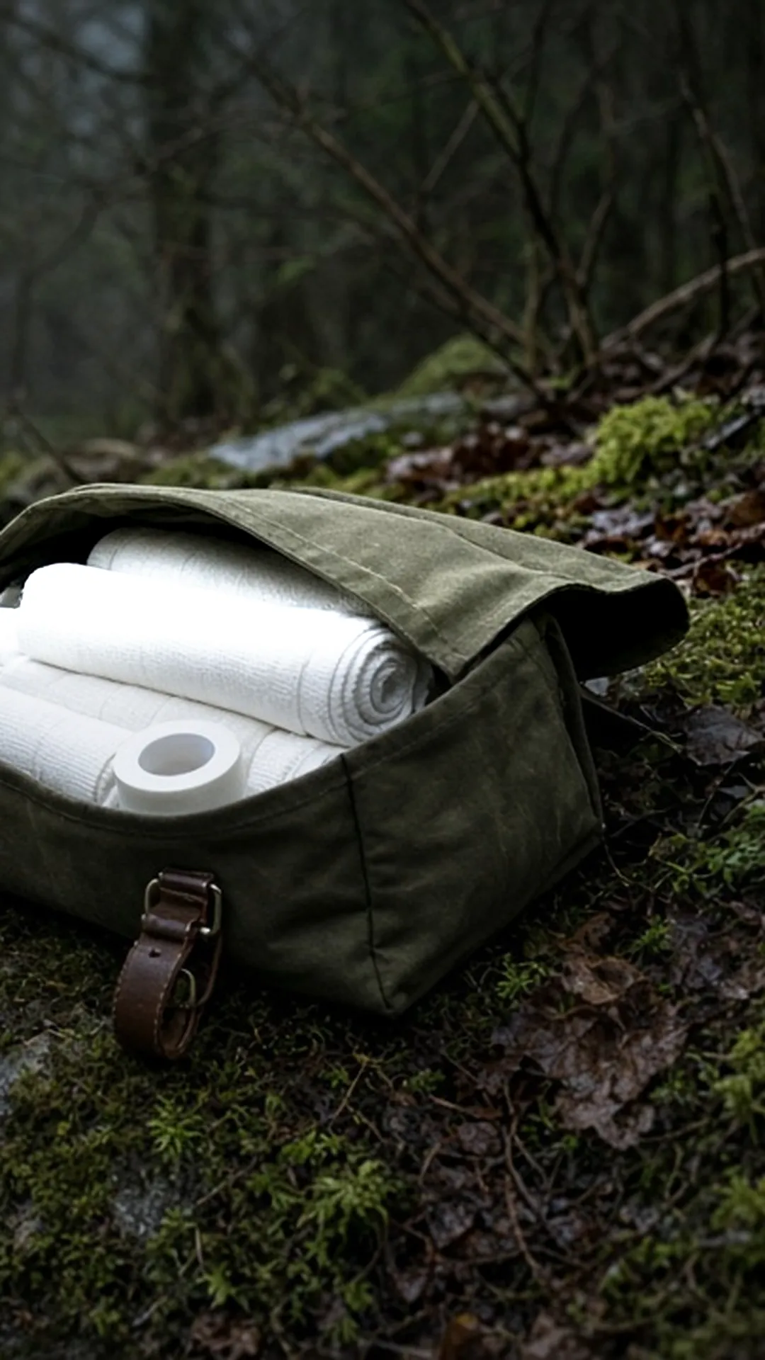 An open unbranded waxed canvas first aid pouch with rolled bandages and gauze on a mossy rock beside a stream