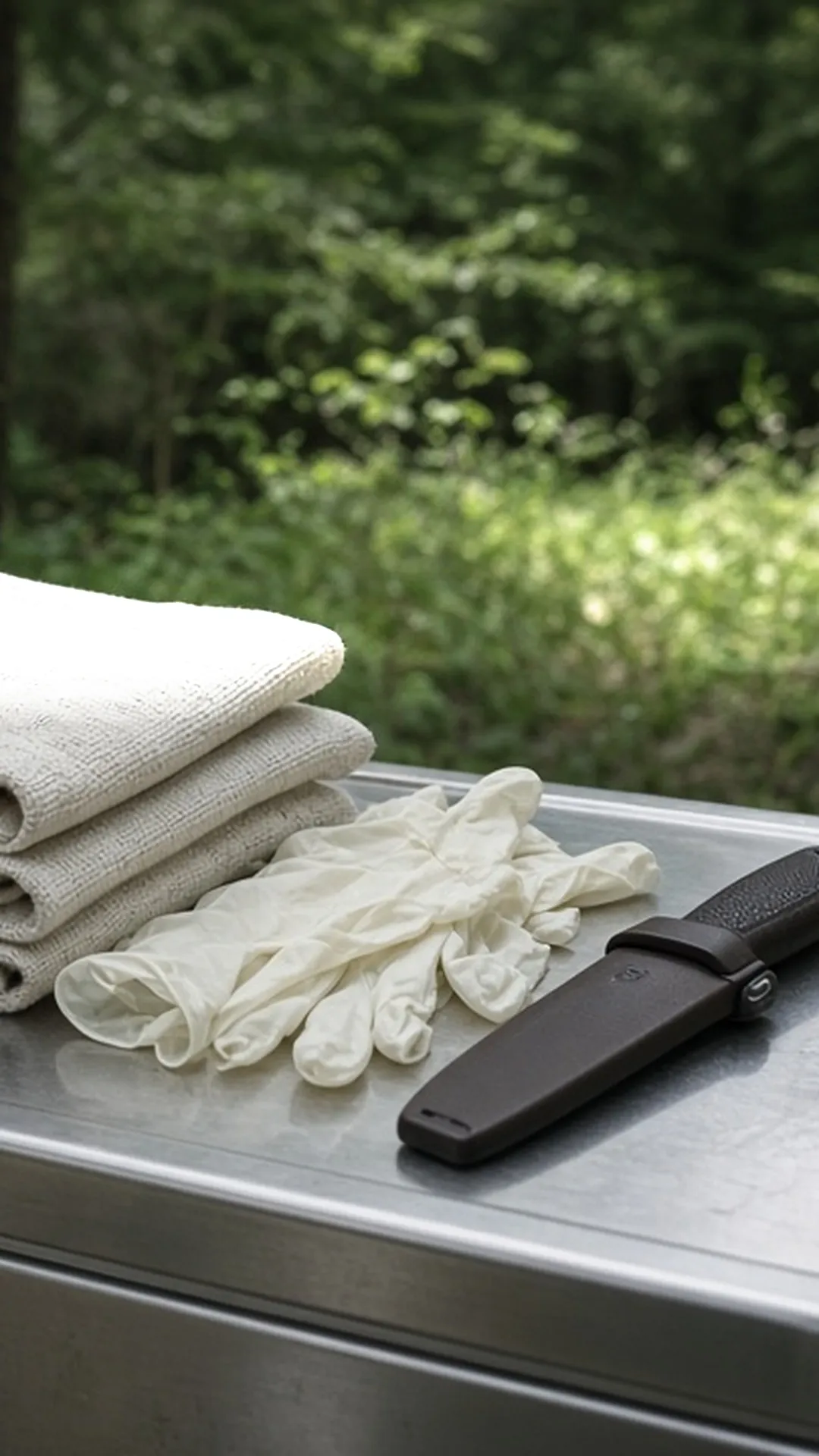 Clean breathable cloth game bags folded on a stainless cooler lid beside a pair of disposable gloves and a sheathed knife