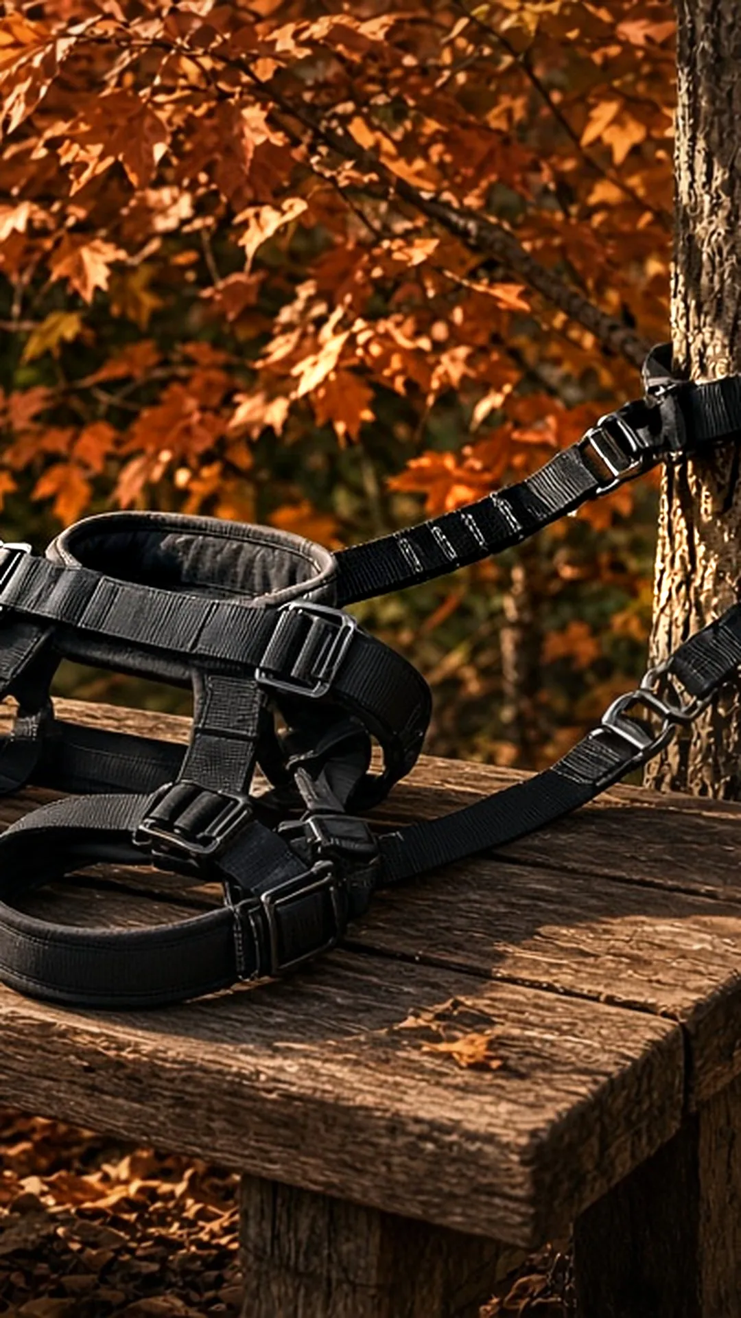 A full-body tree stand harness with tether and tree strap laid neatly on a cedar bench under autumn trees
