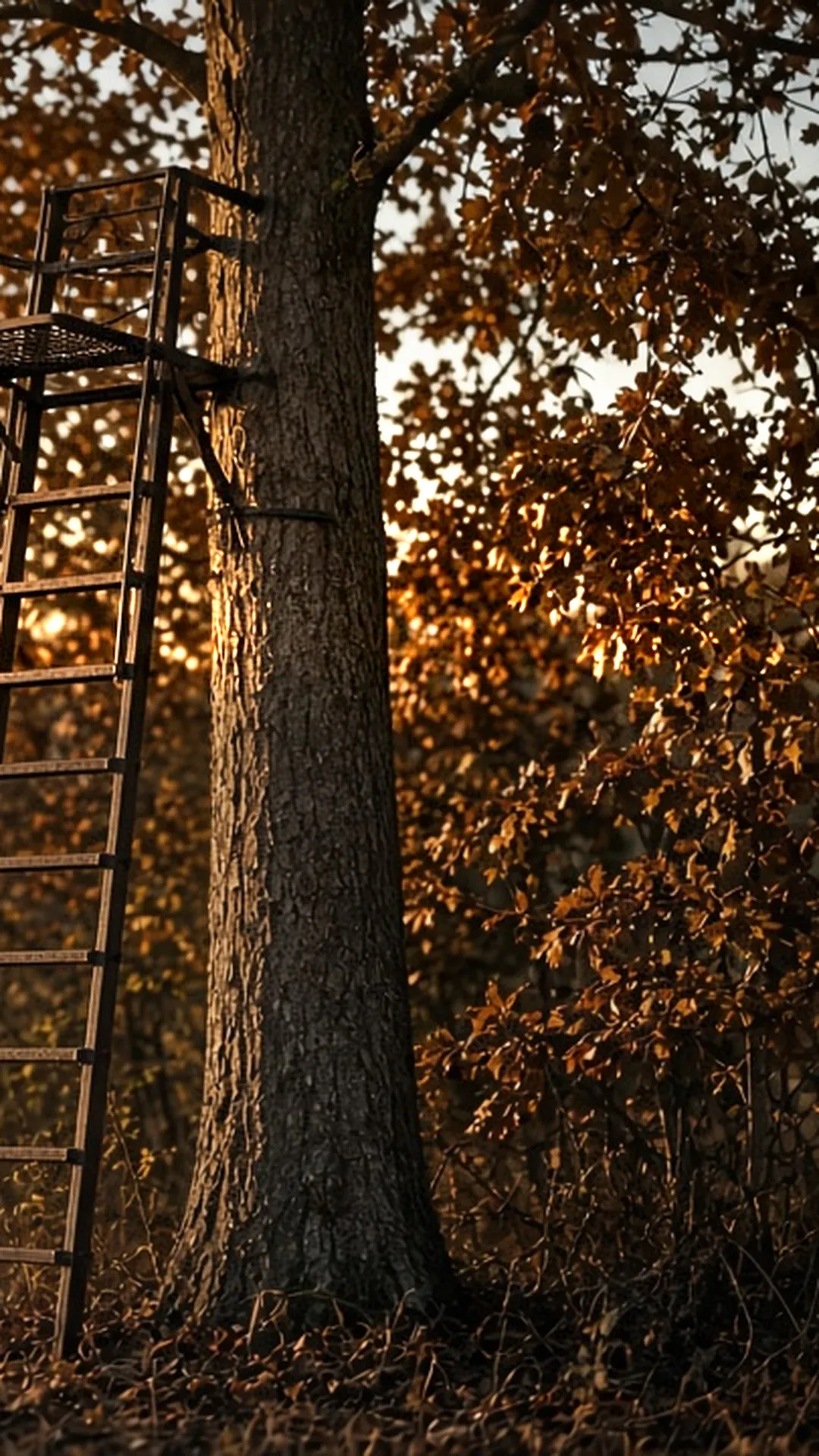 An empty ladder stand against a straight oak at the edge of a field in autumn