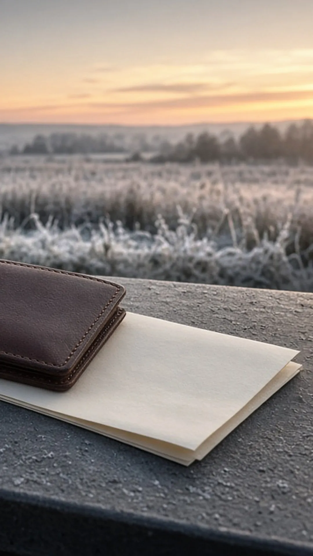 A leather wallet and a folded blank paper document with no readable text on a truck tailgate at dawn