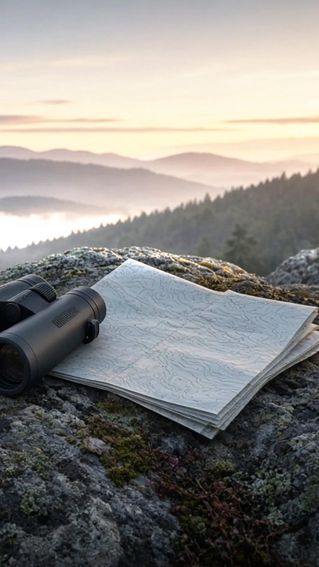 Unbranded binoculars and a folded paper topographic map with no readable text resting on a lichen-covered granite boulder above a valley at dawn