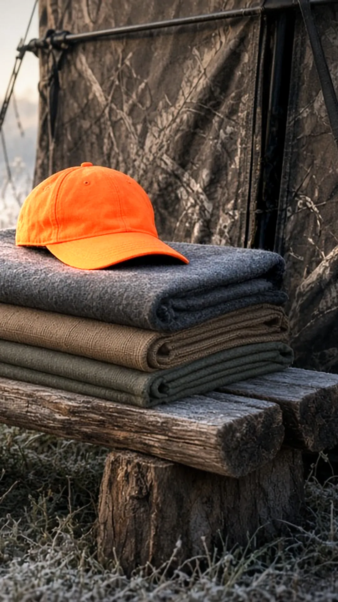 A neatly folded stack of wool and canvas layers topped with a blaze orange cap on a split-log bench beside a fabric ground blind at the edge of a frosty meadow