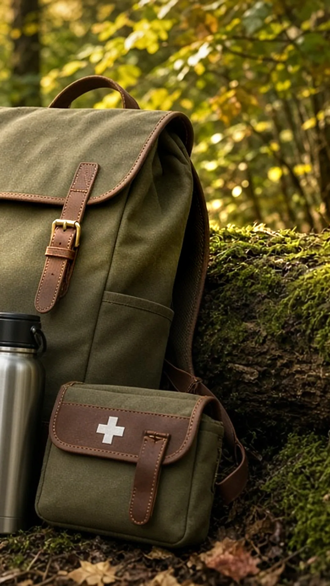 An unbranded canvas and leather daypack leaning against a mossy fallen log in an autumn forest