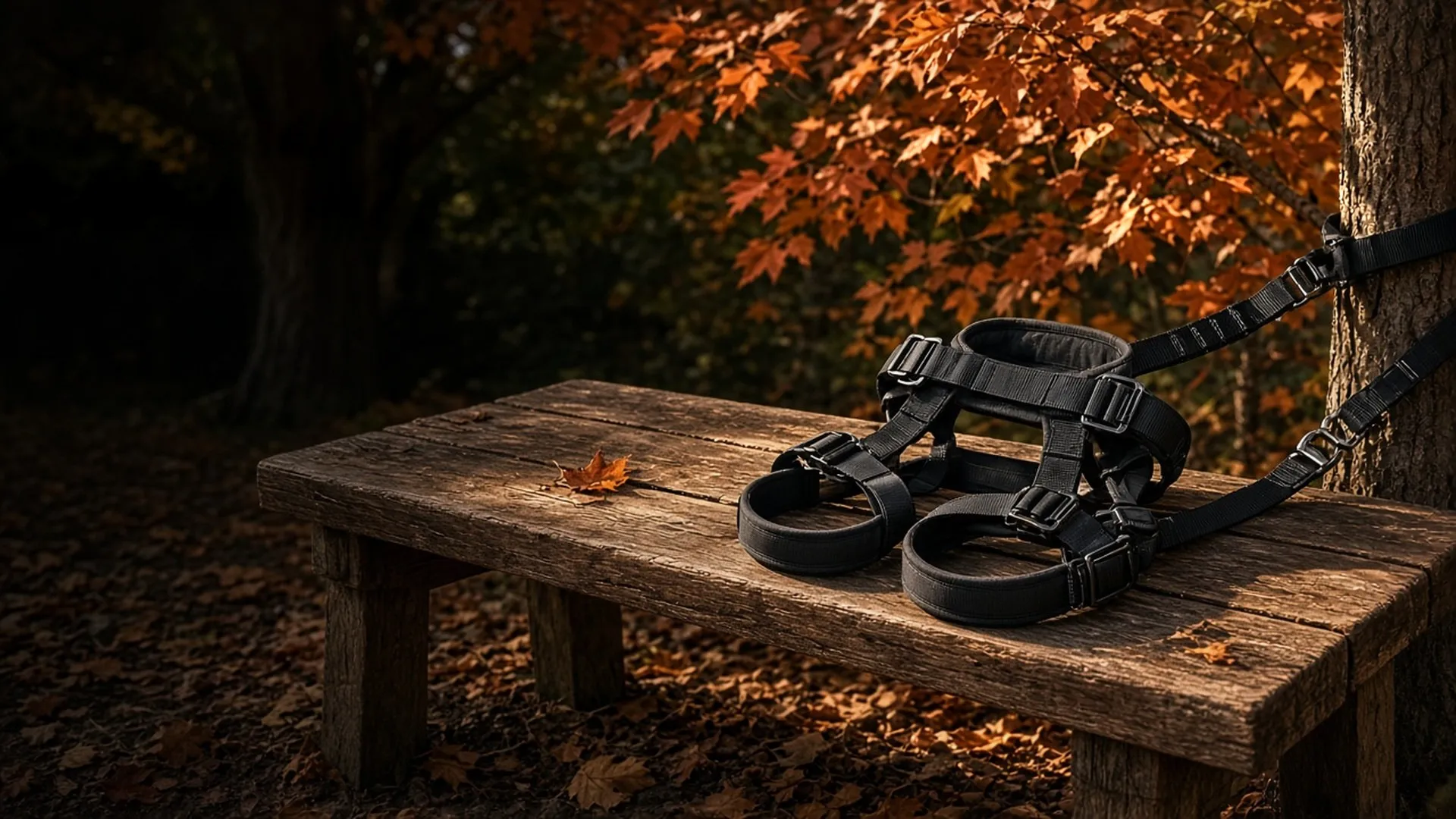 A full-body tree stand harness with tether and tree strap laid neatly on a cedar bench under autumn trees
