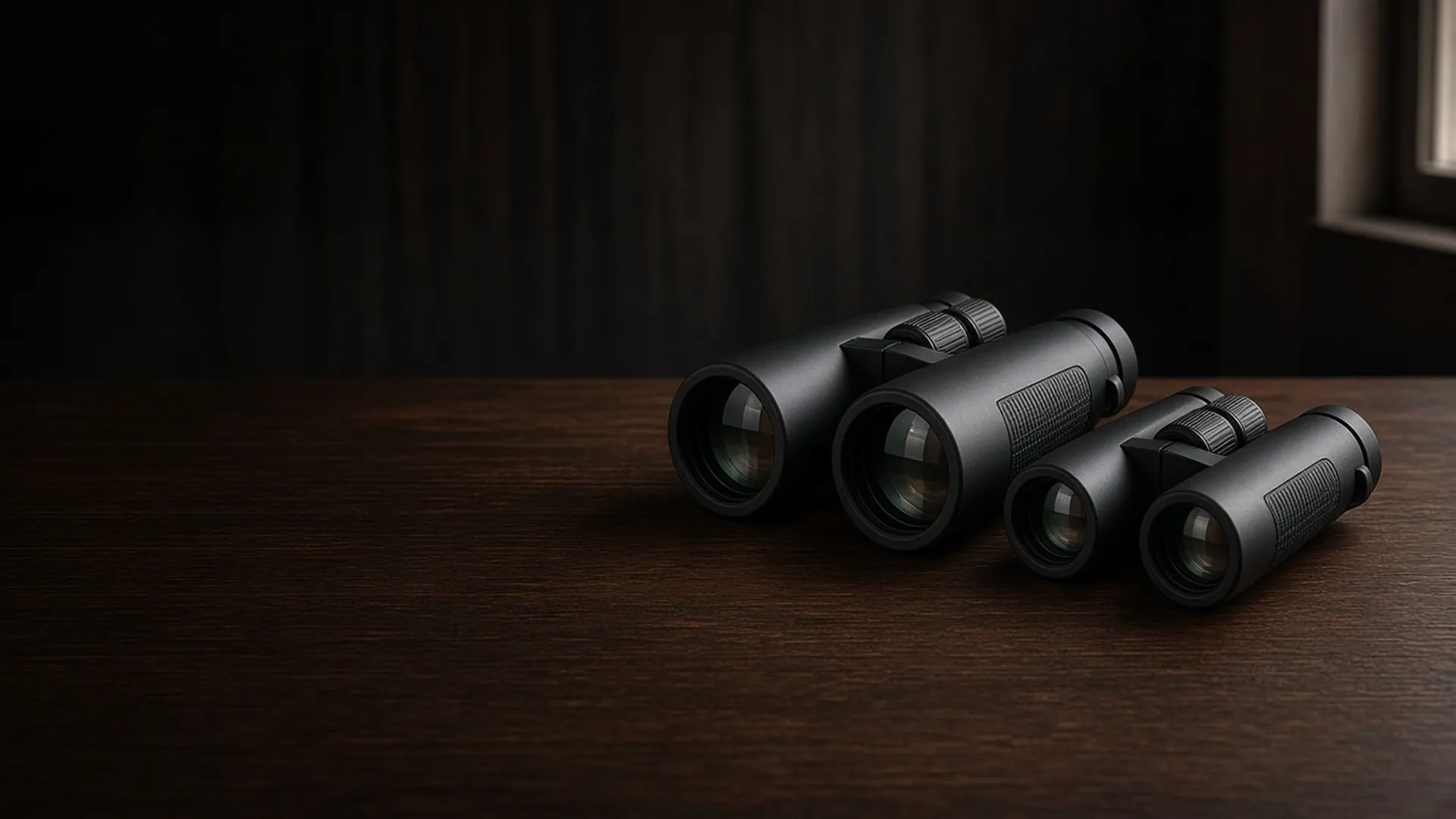Two pairs of unbranded binoculars of different sizes side by side on dark walnut with soft window light catching the objective lenses